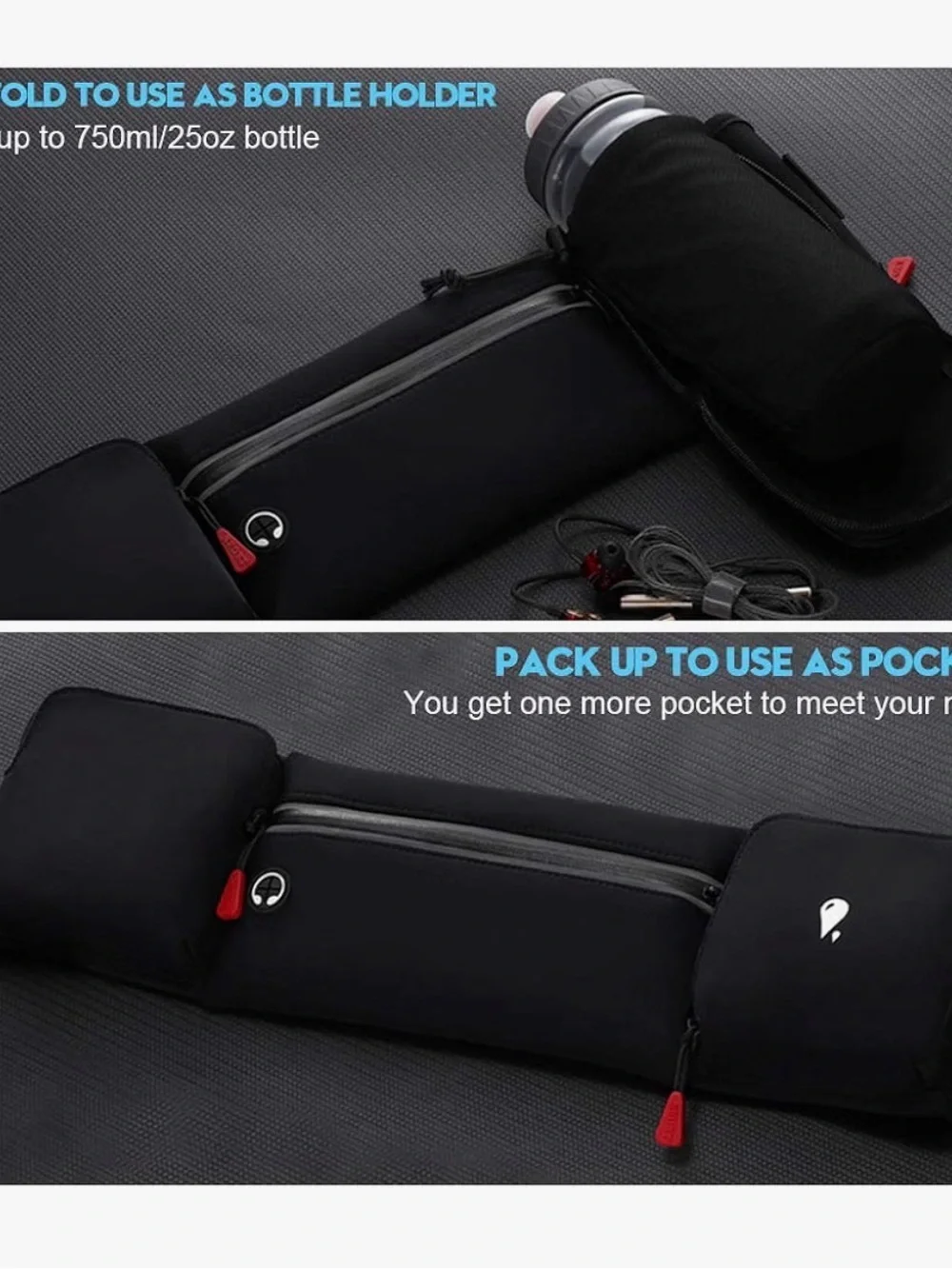 Black Running Waist Pack with Bottle Holder - Unbranded